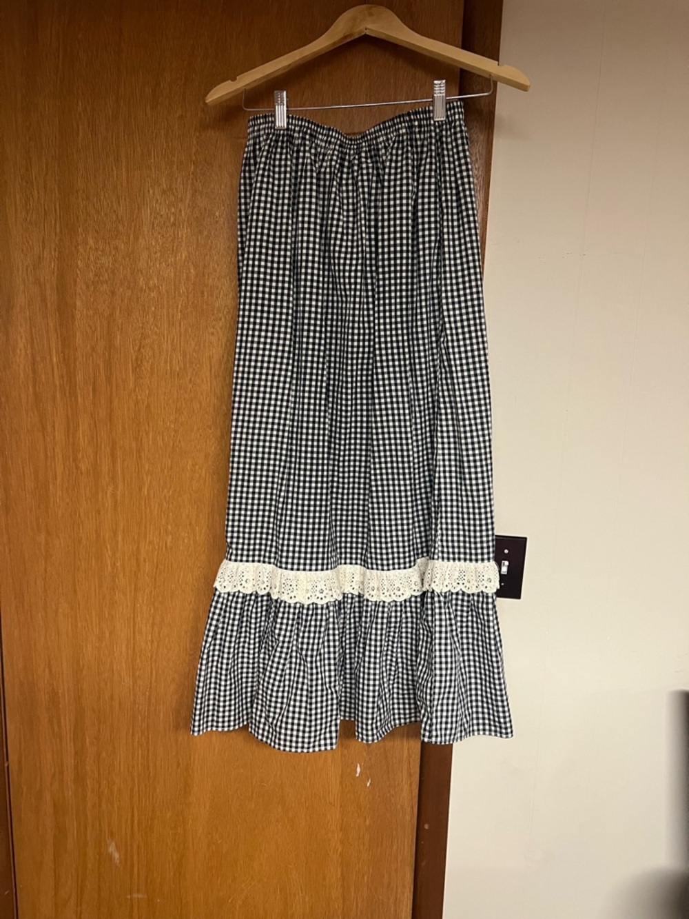 Christy Dawn Navy and White Gingham Maxi Skirt with Crochet Trim